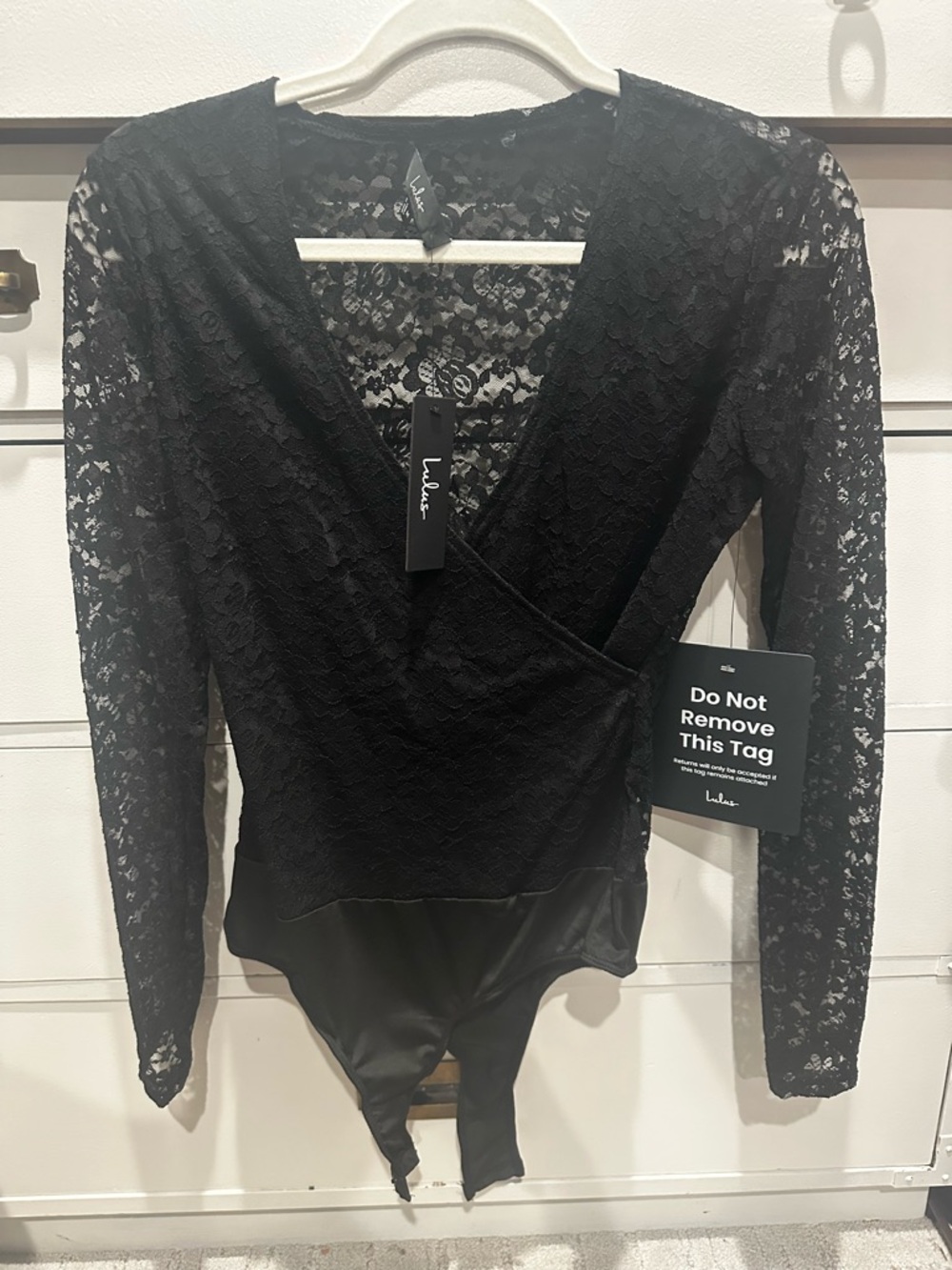 Lulu's Black Lace Wrap Long-Sleeve Bodysuit